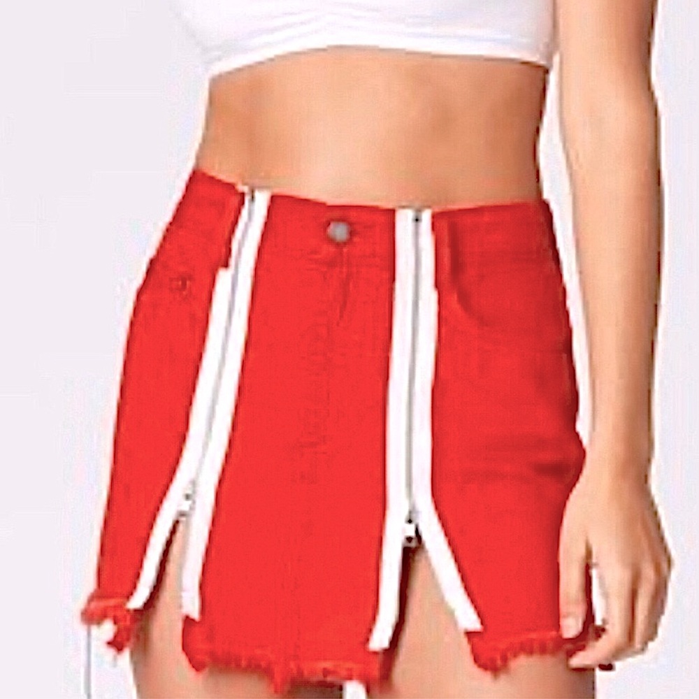 CARMAR | Colin Red Double White Zipper Denim Mini Skirt